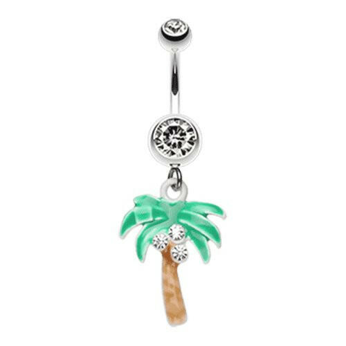 Jeweled Palm Tree Dangle Belly Button Ring Navel Ring Impulse Piercings Clear