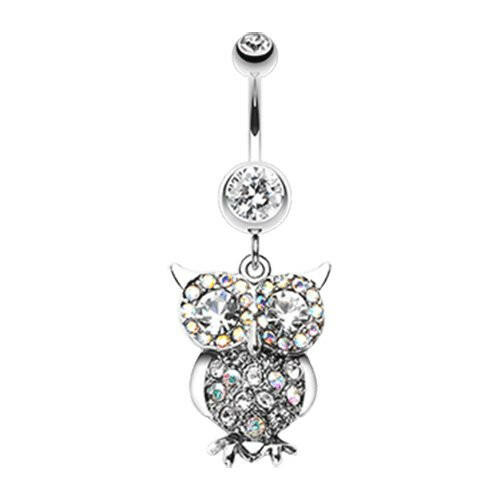 Jeweled Sparkling Owl Dangle Belly Button Ring Navel Ring Impulse Piercings Clear