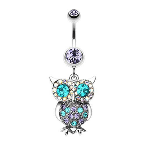 Jeweled Sparkling Owl Dangle Belly Button Ring Navel Ring Impulse Piercings Tanzanite