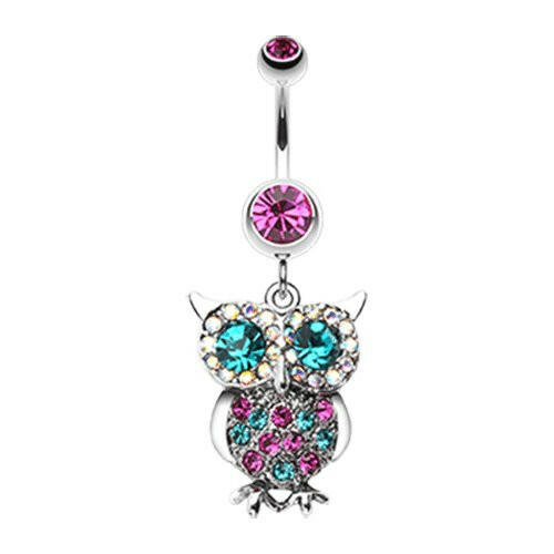 Jeweled Sparkling Owl Dangle Belly Button Ring Navel Ring Impulse Piercings Fuchsia