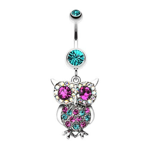 Jeweled Sparkling Owl Dangle Belly Button Ring Navel Ring Impulse Piercings Teal