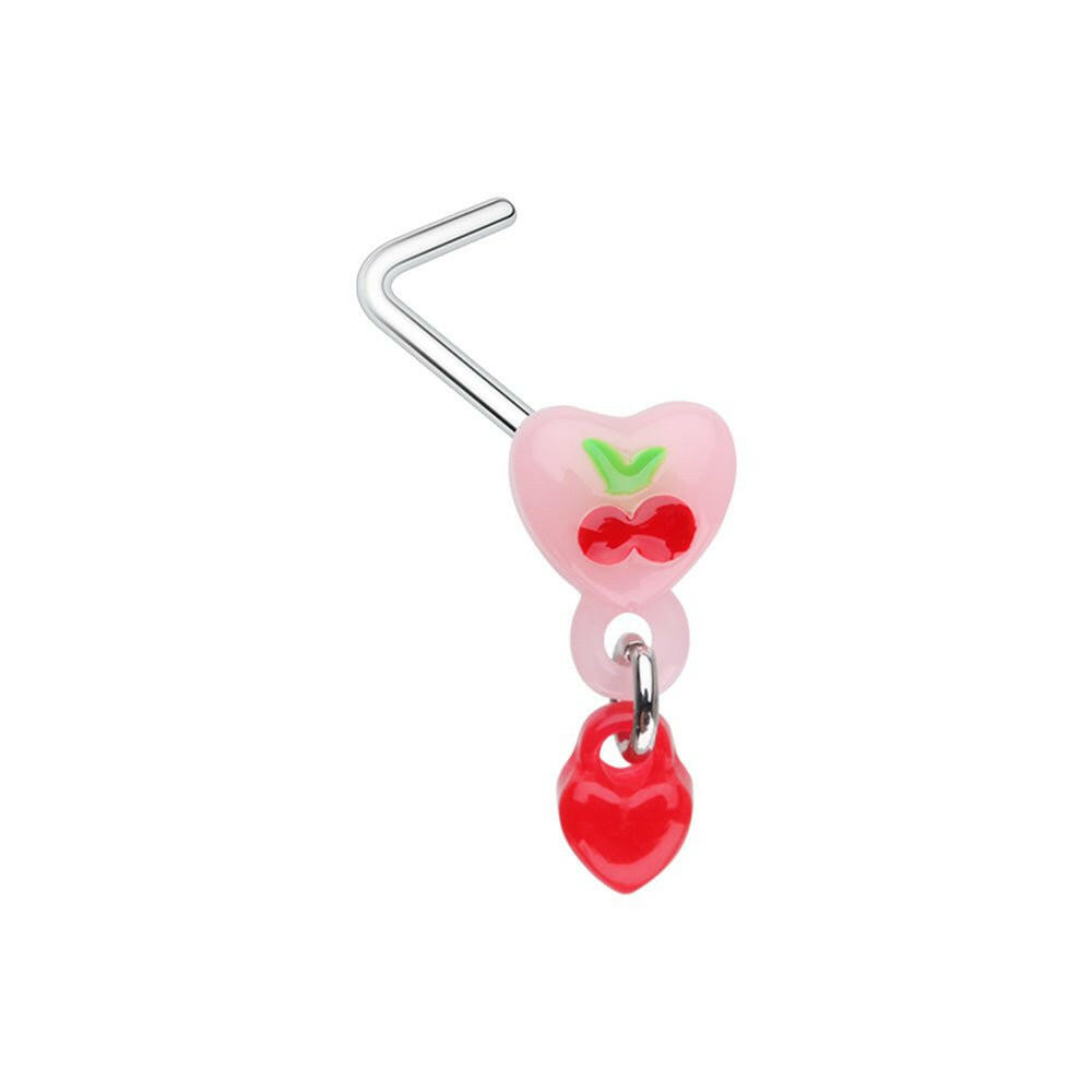 Kawaii Cherry Cherries Heart Dangle L-Shaped Nose Ring Impulse Piercings