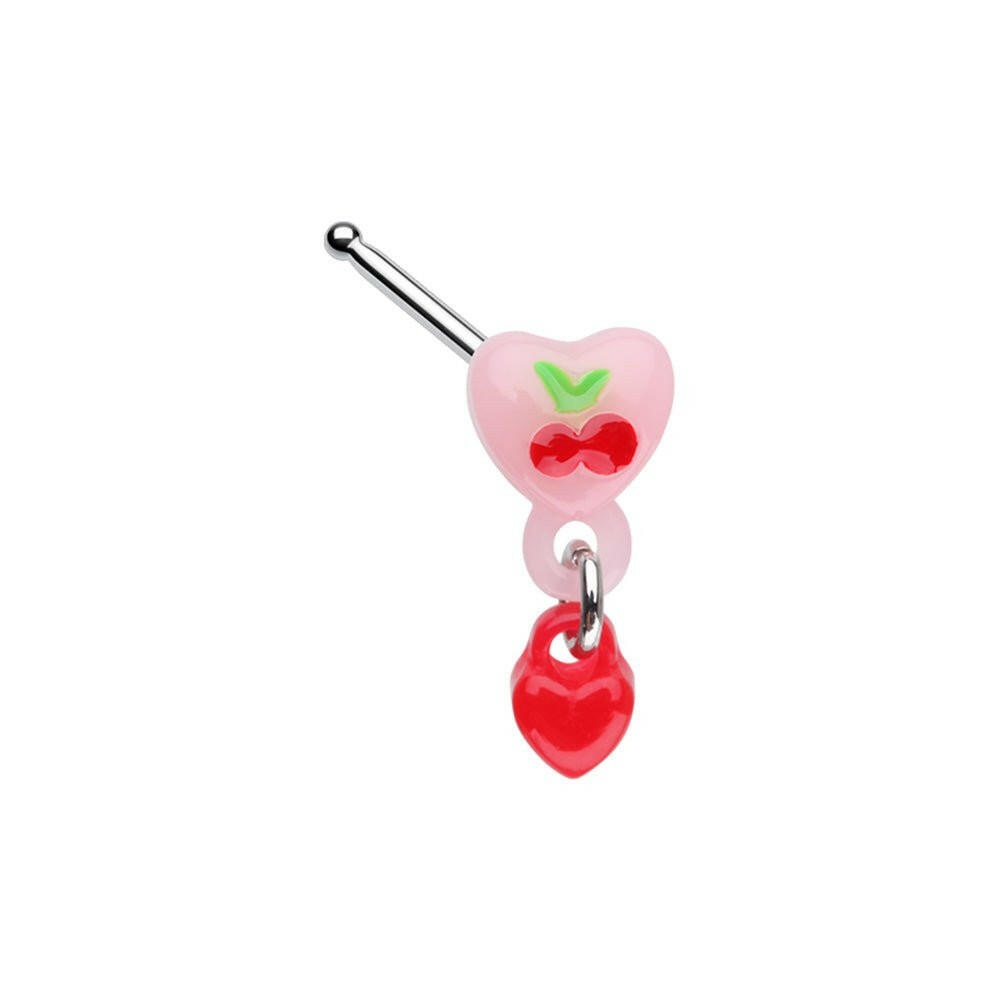 Kawaii Cherry Cherries Heart Dangle Nose Stud Ring Impulse Piercings