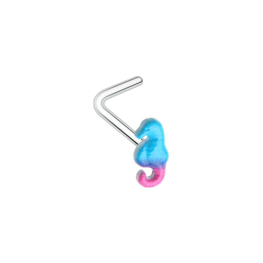 Kawaii Pink Blue Seahorse L-Shaped Nose Ring Impulse Piercings 20 GA (0.8mm) / 7mm