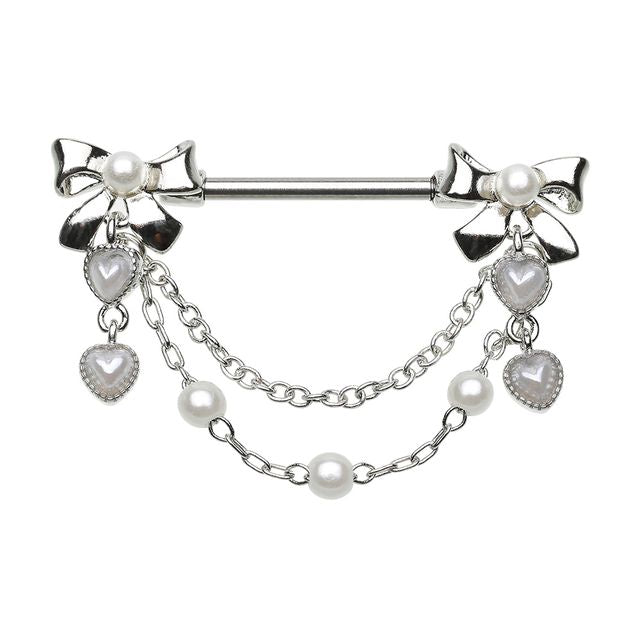 Push Pin Bow Pearl Drop Dangle Chain Nipple Barbell Ring Nipple Ring Skin Metals