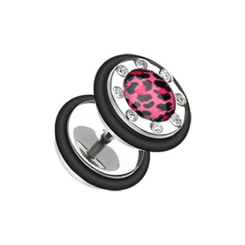 Leopard Gem Rimmed Steel Fake Plug Fake Plug Impulse Piercings 16 gauge (1.2mm) Pink