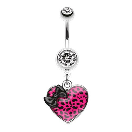 Leopard Pattern Heart Bow Belly Button Ring Navel Ring Impulse Piercings Black/Pink