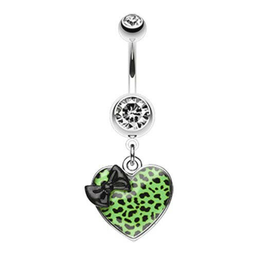 Leopard Pattern Heart Bow Belly Button Ring Navel Ring Impulse Piercings Black/Green