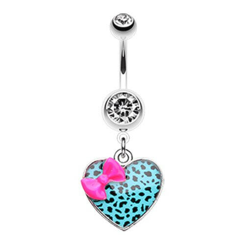 Leopard Pattern Heart Bow Belly Button Ring Navel Ring Impulse Piercings Pink/Teal