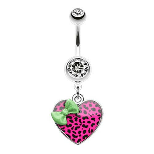 Leopard Pattern Heart Bow Belly Button Ring Navel Ring Impulse Piercings Green/Pink