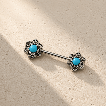 Stainless Steel Light Blue Flower Nipple Bar - Skin Metals