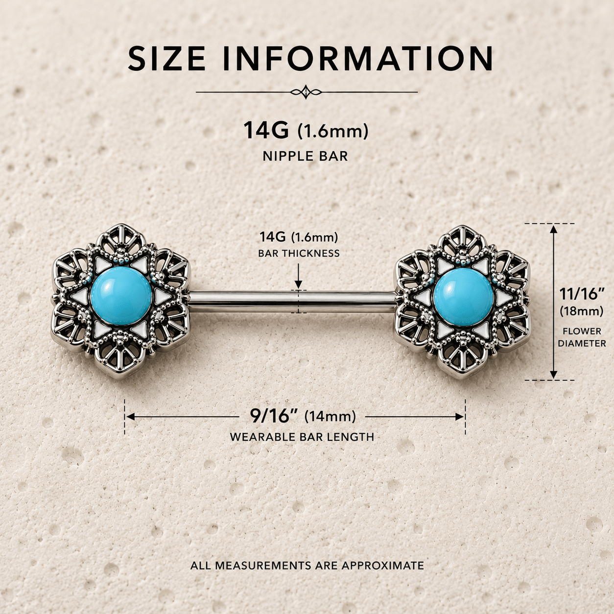 Stainless Steel Light Blue Flower Nipple Bar - Skin Metals