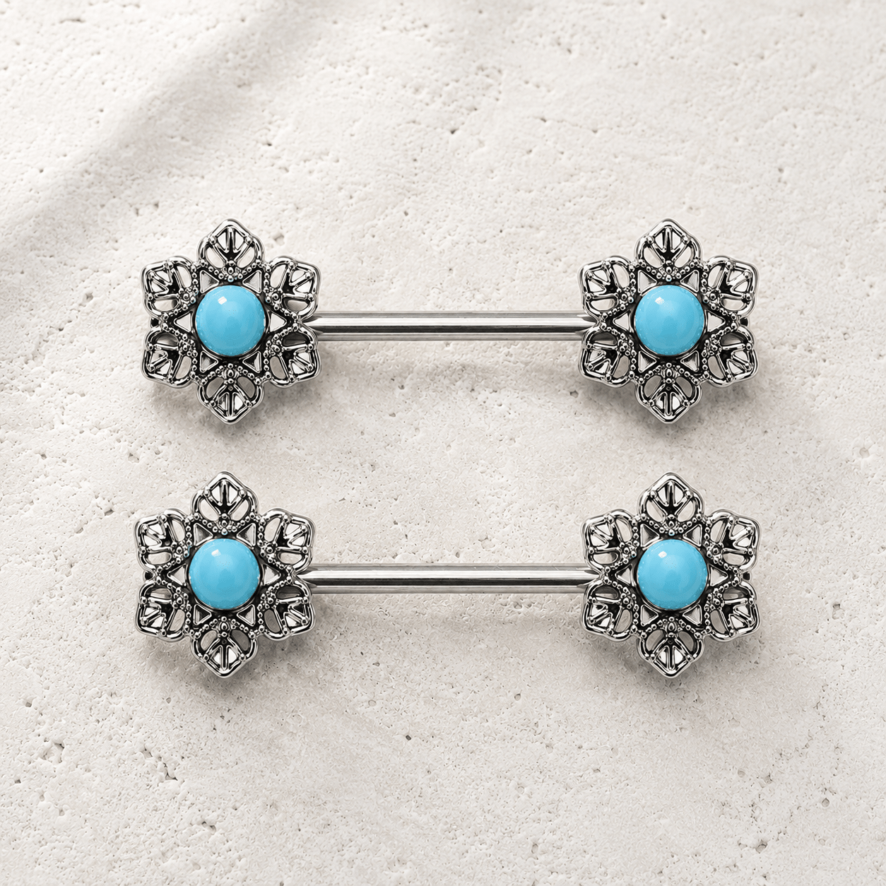 Stainless Steel Light Blue Flower Nipple Bar - Skin Metals