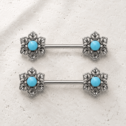 Stainless Steel Light Blue Flower Nipple Bar - Skin Metals