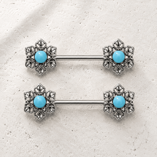 Stainless Steel Light Blue Flower Nipple Bar - Skin Metals