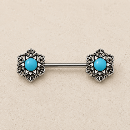 Stainless Steel Light Blue Flower Nipple Bar - Skin Metals