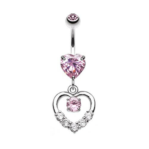 Lusterous Double Heart Cubic Zirconia Belly Button Ring Navel Ring Impulse Piercings Pink