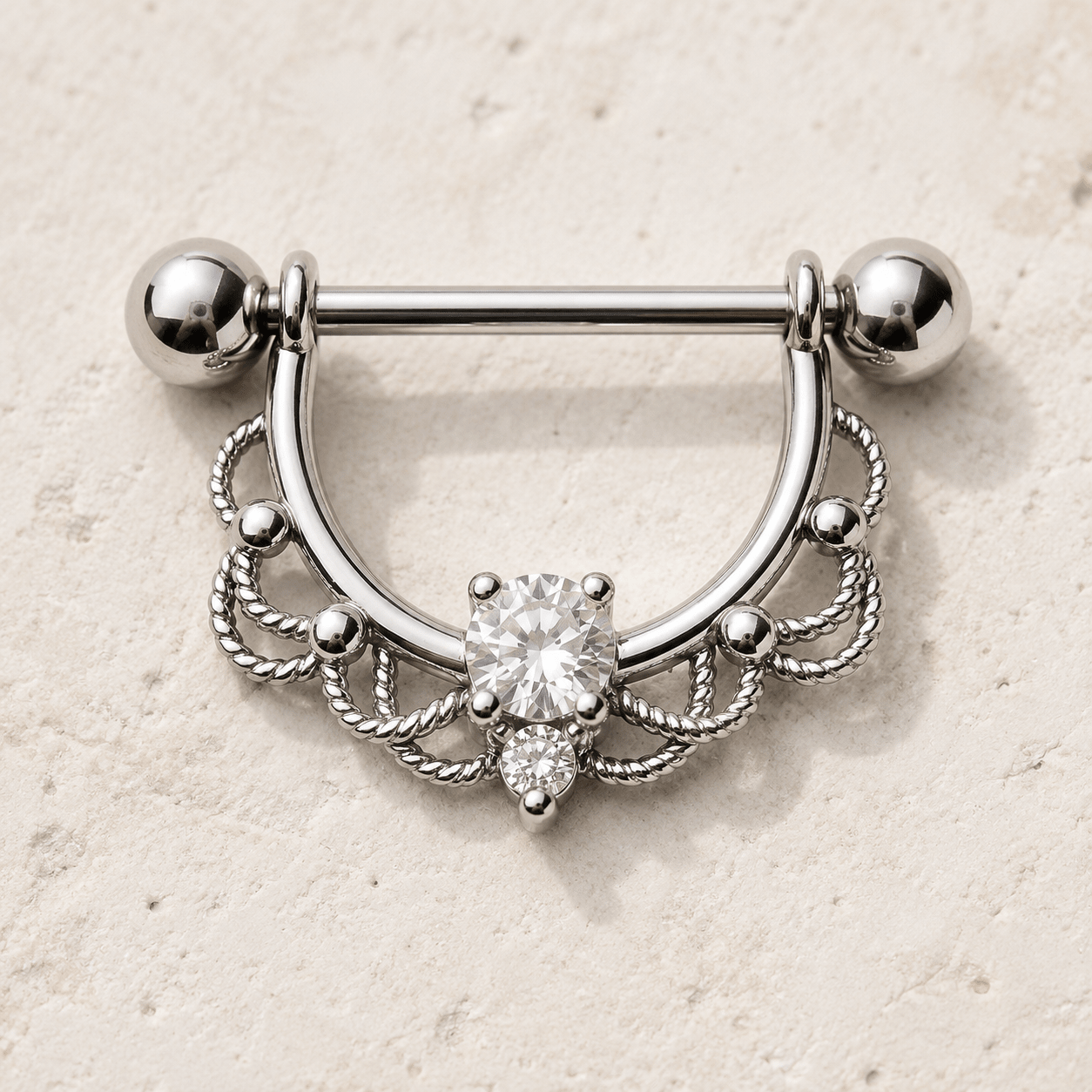 Ornate filigree nipple ring 14G pair, two prong set CZ mirror finish 316L stainless steel