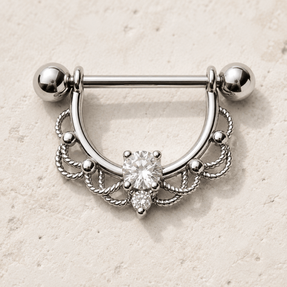 Ornate filigree nipple ring 14G pair, two prong set CZ mirror finish 316L stainless steel
