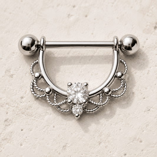 Ornate filigree nipple ring 14G pair, two prong set CZ mirror finish 316L stainless steel
