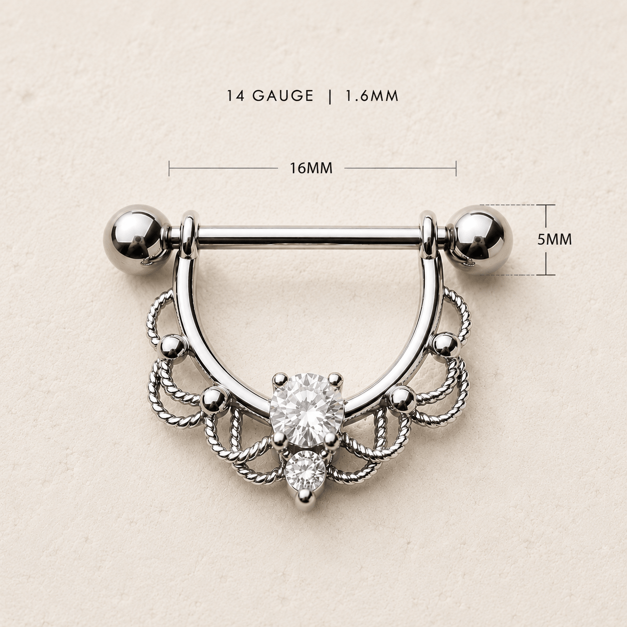 Ornate filigree nipple ring size chart, 14GA 1.6mm thickness 16mm length 5mm ball size
