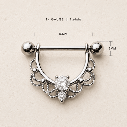 Ornate filigree nipple ring size chart, 14GA 1.6mm thickness 16mm length 5mm ball size