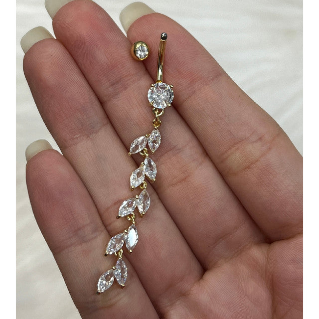 Surgical Steel Double Jeweled Belly Button Ring With Vertical Drop Marquise CZ Petals Navel Rings Skin Metals