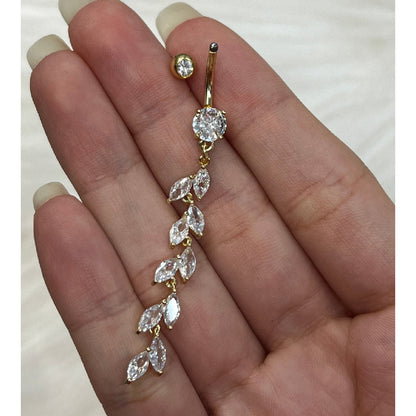 Surgical Steel Double Jeweled Belly Button Ring With Vertical Drop Marquise CZ Petals Navel Rings Skin Metals
