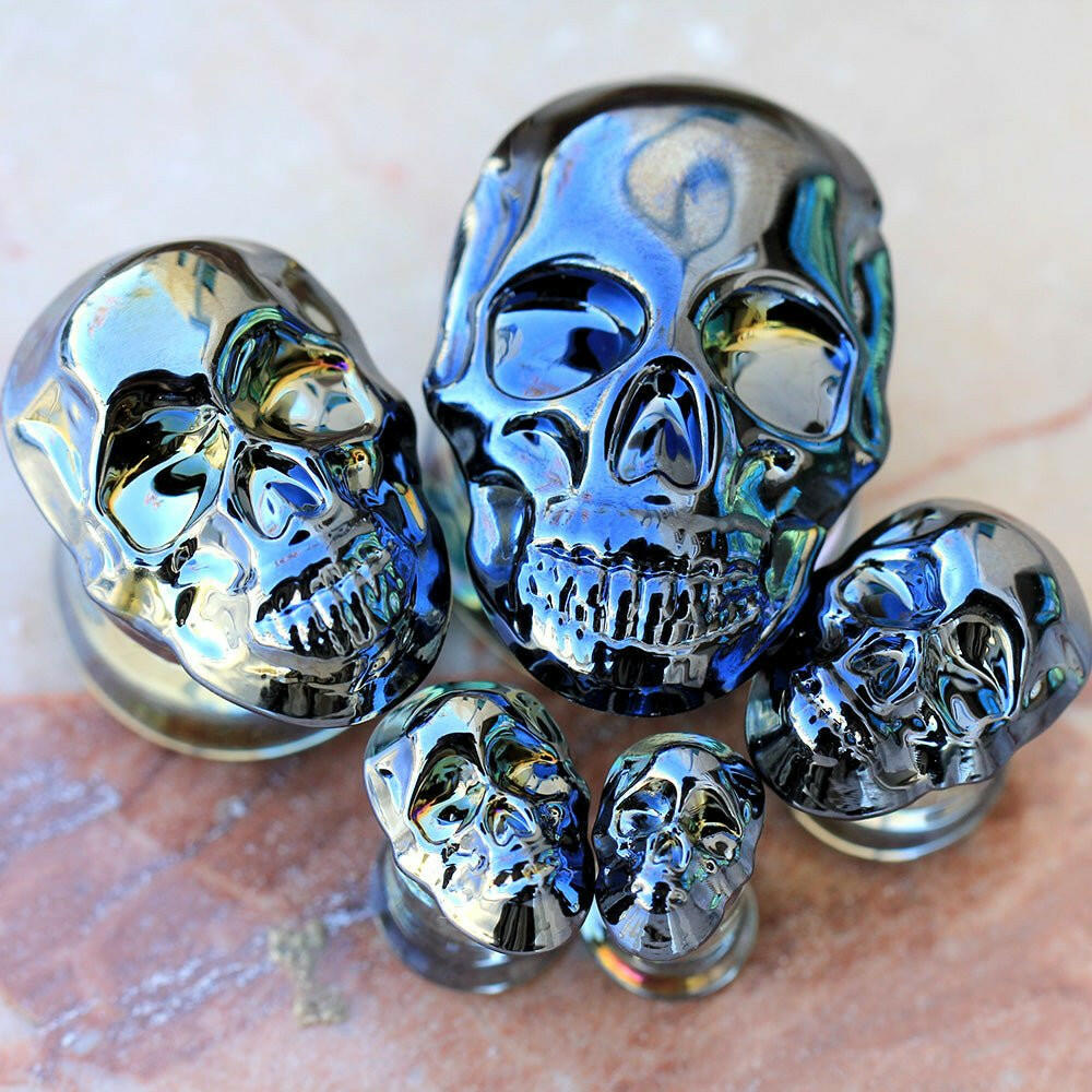 Metallic Black Skull Glass Double Flare Plug Plugs Impulse Piercings