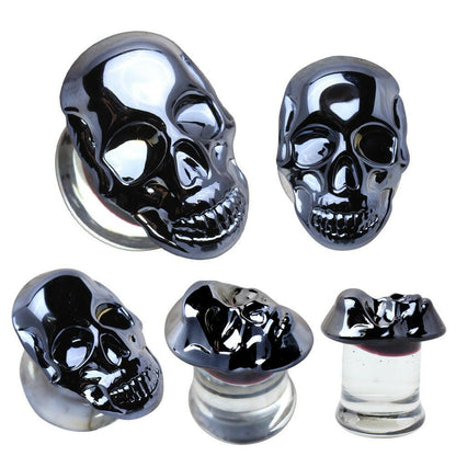 Metallic Black Skull Glass Double Flare Plug Plugs Impulse Piercings