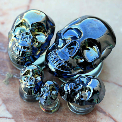 Metallic Black Skull Glass Double Flare Plug Plugs Impulse Piercings