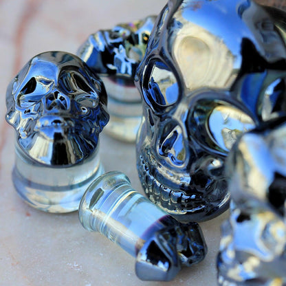 Metallic Black Skull Glass Double Flare Plug Plugs Impulse Piercings