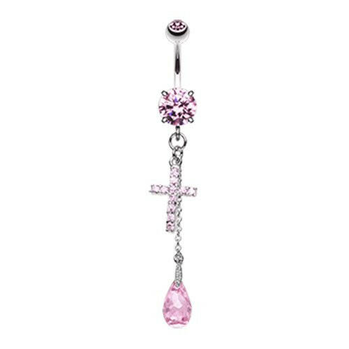 Mini Cross Chain Dangle Cubic Zirconia Belly Button Ring Navel Ring Impulse Piercings Pink