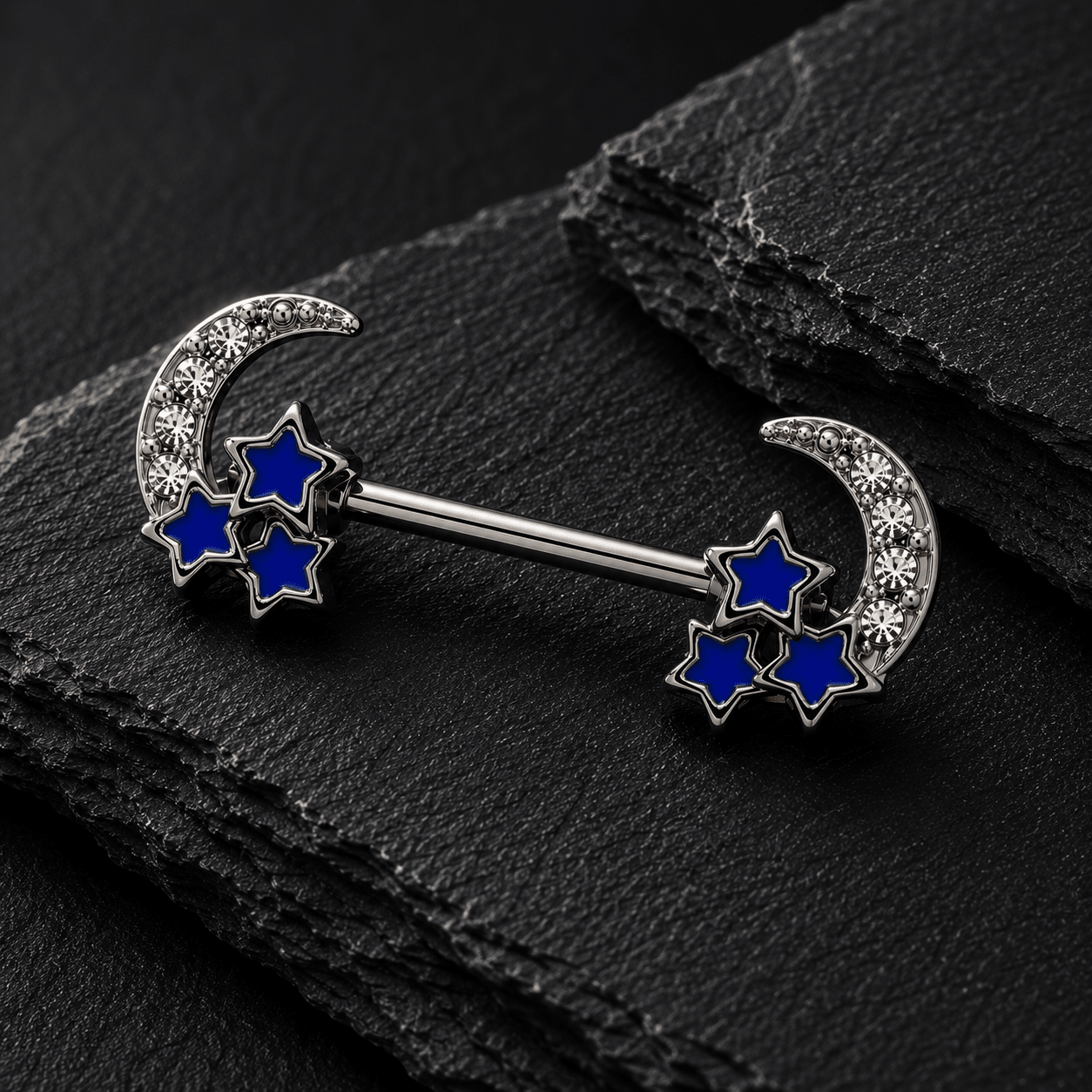 Stainless Steel Jeweled Moon and Star Nipple Bar - Skin Metals