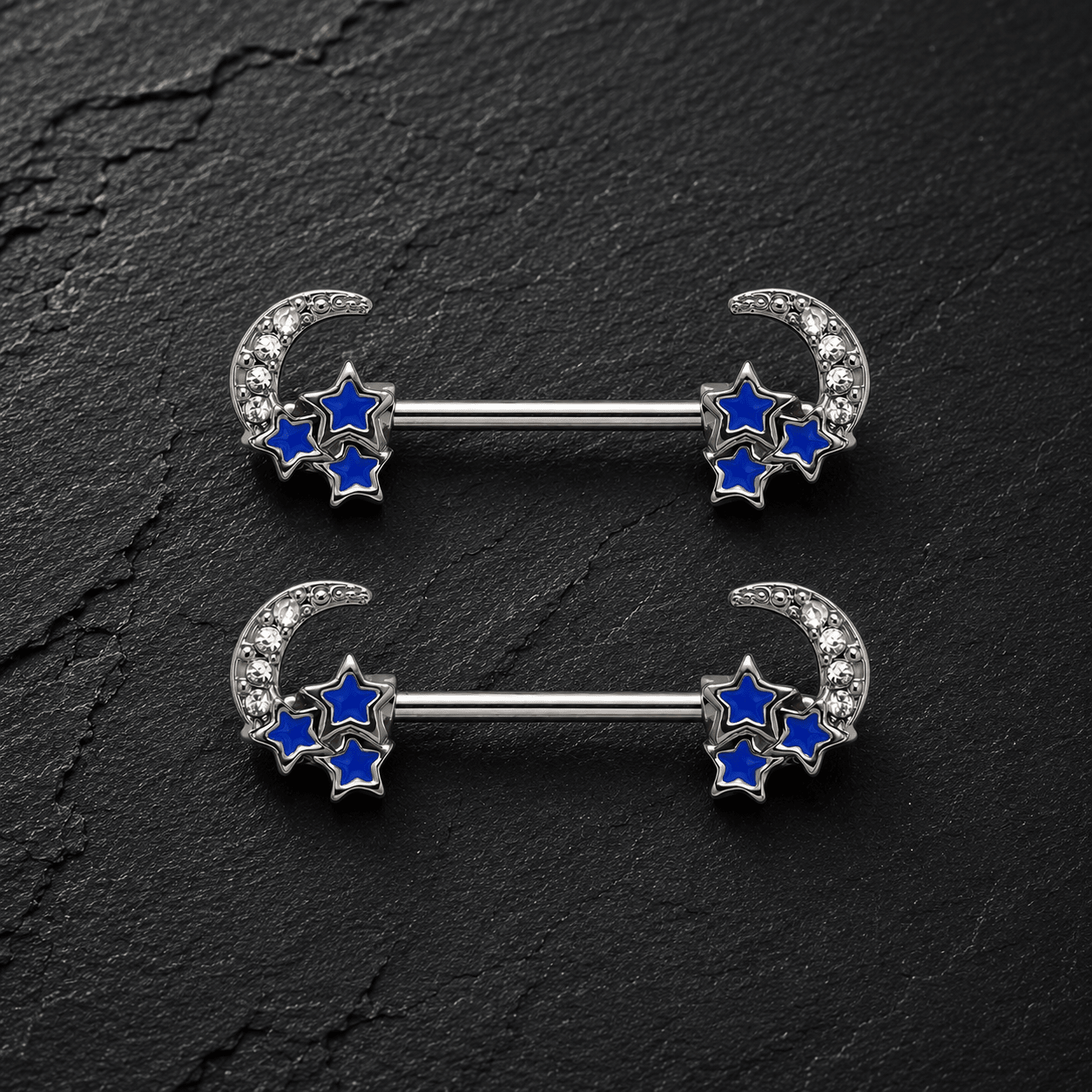 Stainless Steel Jeweled Moon and Star Nipple Bar - Skin Metals