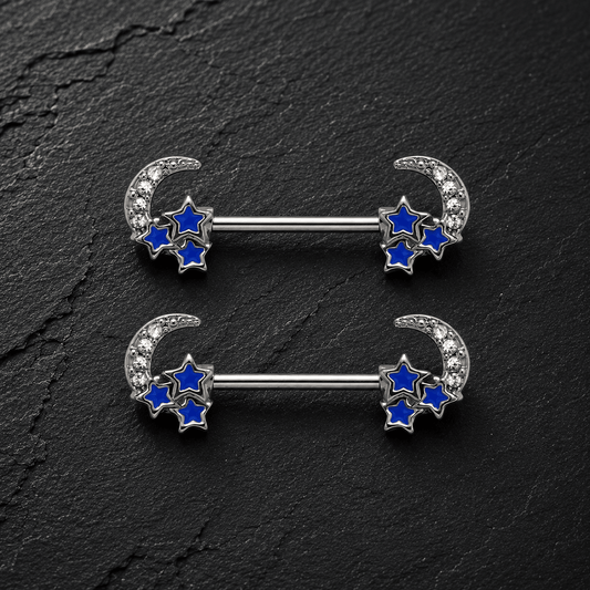 Stainless Steel Jeweled Moon and Star Nipple Bar - Skin Metals