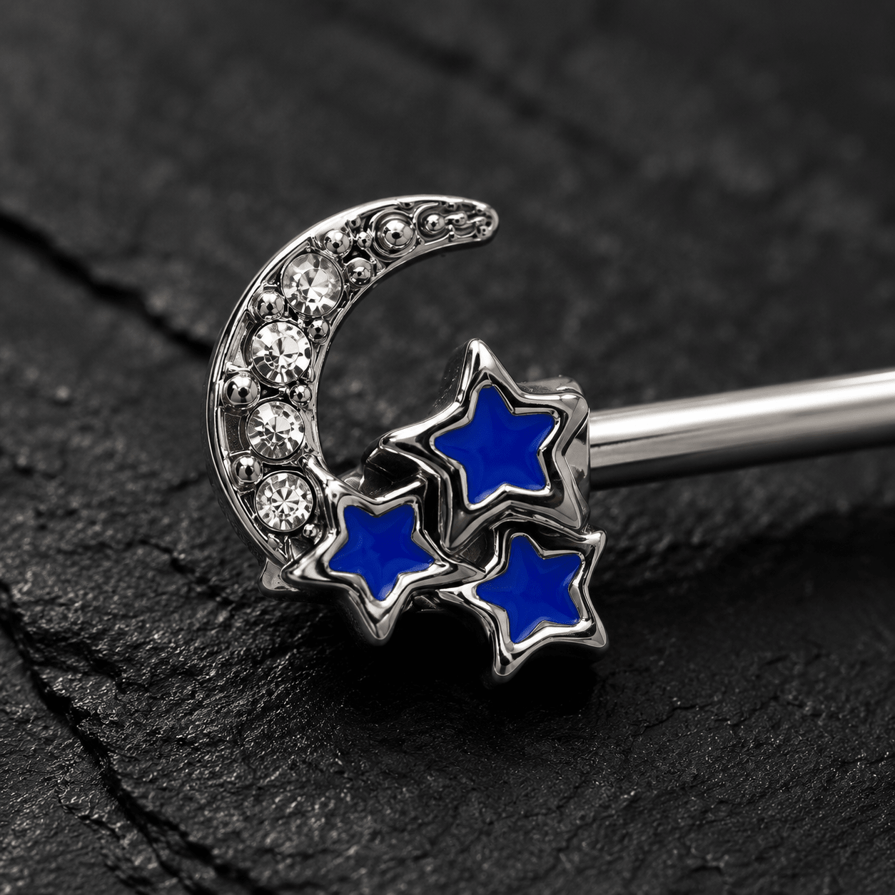 Stainless Steel Jeweled Moon and Star Nipple Bar - Skin Metals