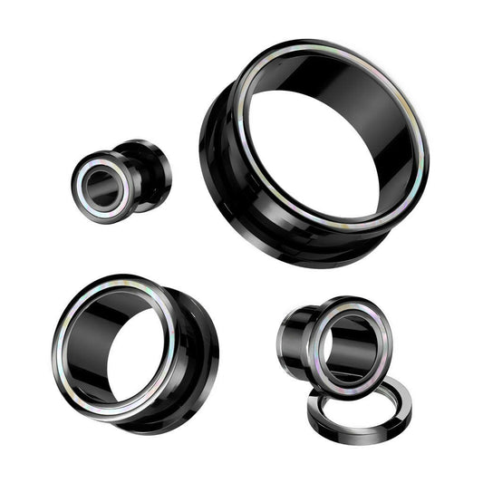 Mother of Pearl Rimmed Black PVD Surgical Steel Screw Fit Tunnel Plugs Impulse Piercings