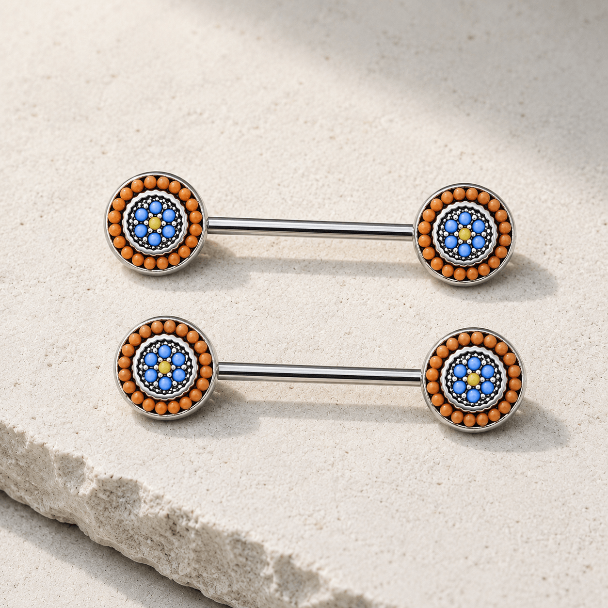 Multi Bead Antique Nipple Bar 14G Orange Blue Yellow Pair