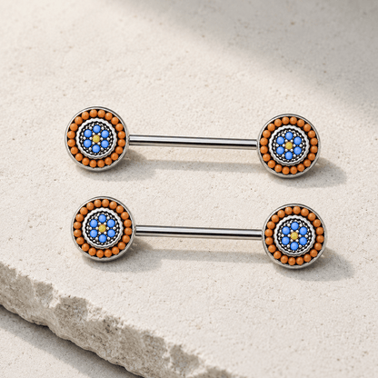 Multi Bead Antique Nipple Bar 14G Orange Blue Yellow Pair