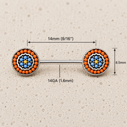 Multi Bead Antique Nipple Bar 14G Orange Blue Yellow Pair