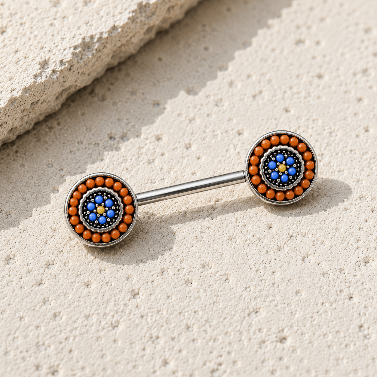 Multi Bead Antique Nipple Bar 14G Orange Blue Yellow Pair