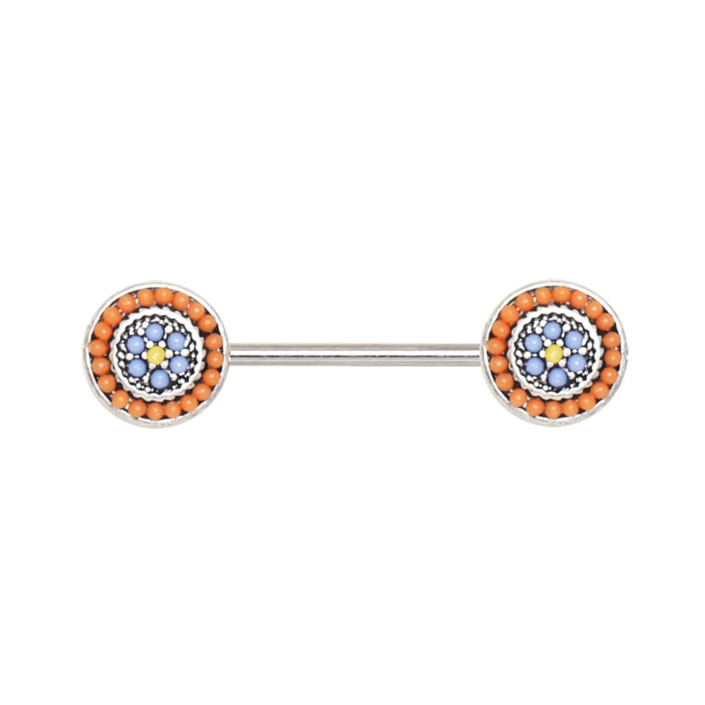 Multi Bead Antique Nipple Bar 14G Orange Blue Yellow Pair
