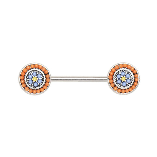 Multi Bead Antique Nipple Bar 14G Orange Blue Yellow Pair