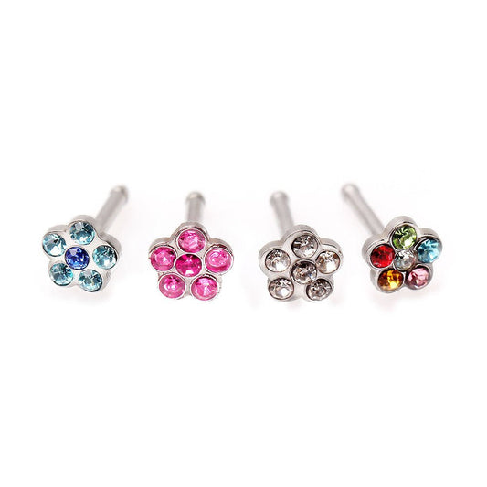 316L Stainless Steel Bone Nose Ring with Multi Gem Flower Top - Skin Metals