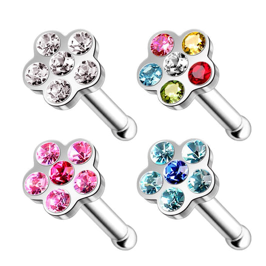 316L Stainless Steel Bone Nose Ring with Multi Gem Flower Top - Skin Metals