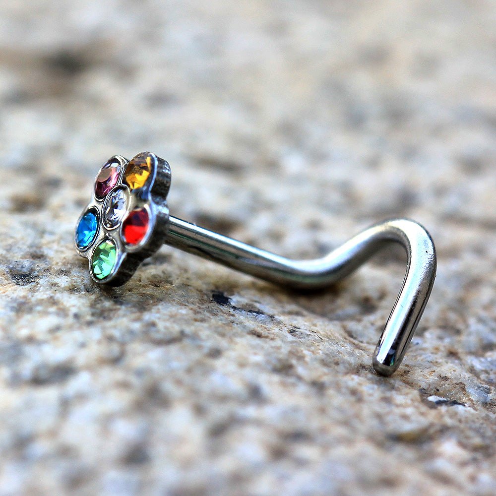 316L Stainless Steel Screw Nose Ring with Multi Gem Flower Top - Skin Metals