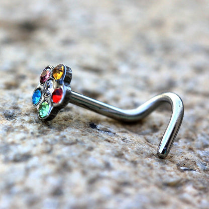 316L Stainless Steel Screw Nose Ring with Multi Gem Flower Top - Skin Metals