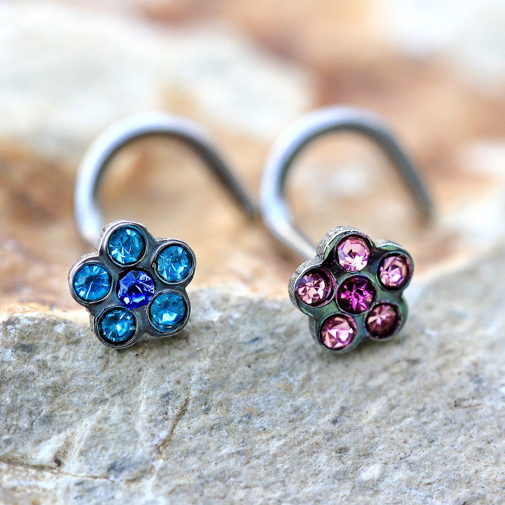 316L Stainless Steel Screw Nose Ring with Multi Gem Flower Top - Skin Metals