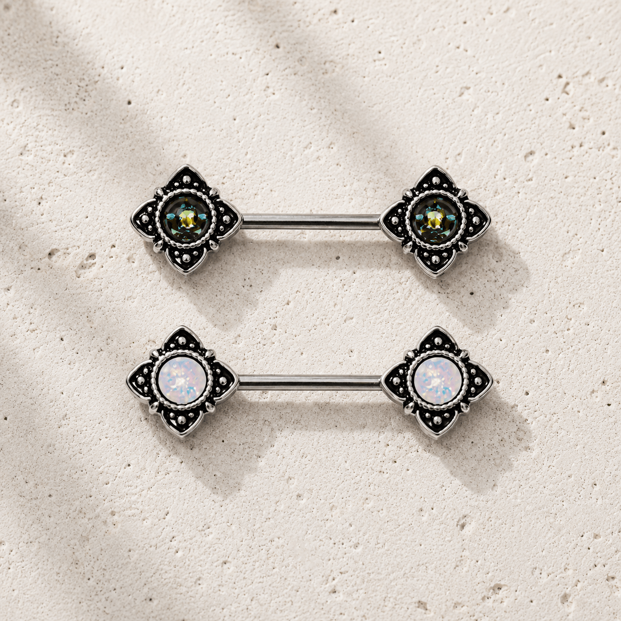 Stainless Steel Mystical Flower Nipple Bar with Synthetic Opal - Skin Metals